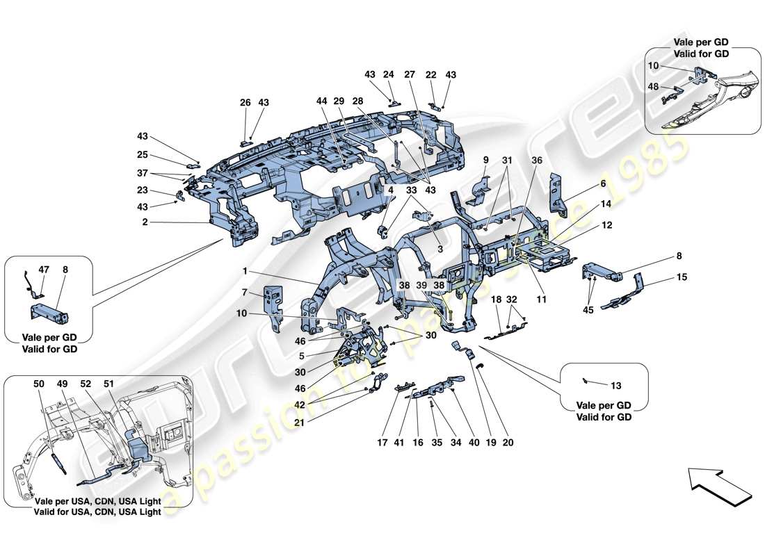 ferrari gtc4 lusso t (rhd) tablero - subestructura diagrama de piezas