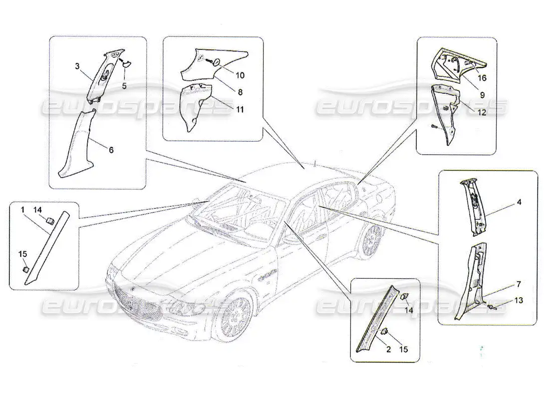 maserati qtp. (2010) 4.2 paneles de adorno del pilar del habitáculo b y paneles laterales diagrama de piezas