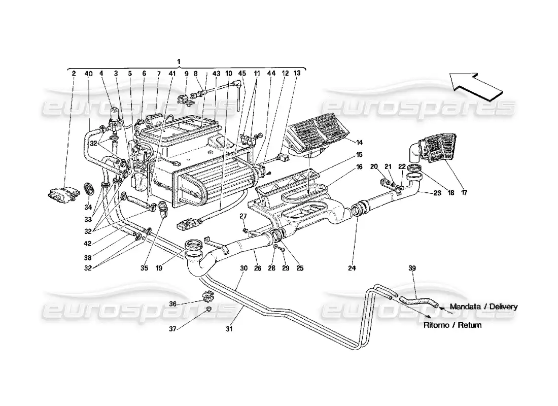ferrari 348 (2.7 motronic) unidad evaporadora y aireación del compartimento de pasajeros diagrama de piezas