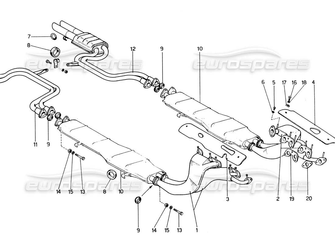 ferrari 365 gtb4 daytona (1969) diagrama de piezas del sistema de escape (1972 revisión)