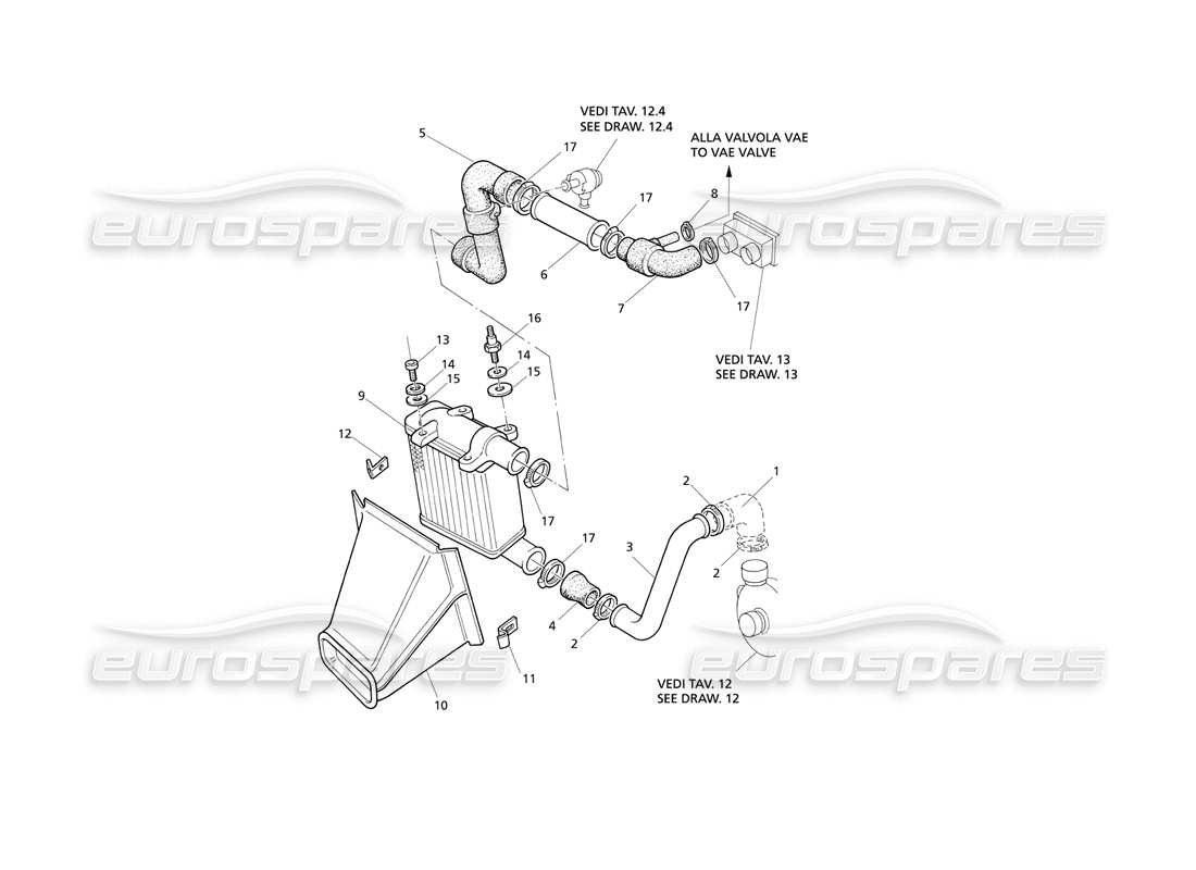 maserati qtp v8 evoluzione diagrama de piezas del lado derecho de las tuberías del intercambiador de calor