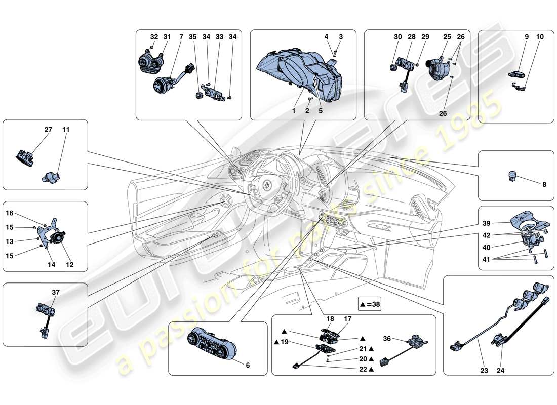 ferrari 488 spider (usa) instrumentos del tablero y del túnel diagrama de piezas