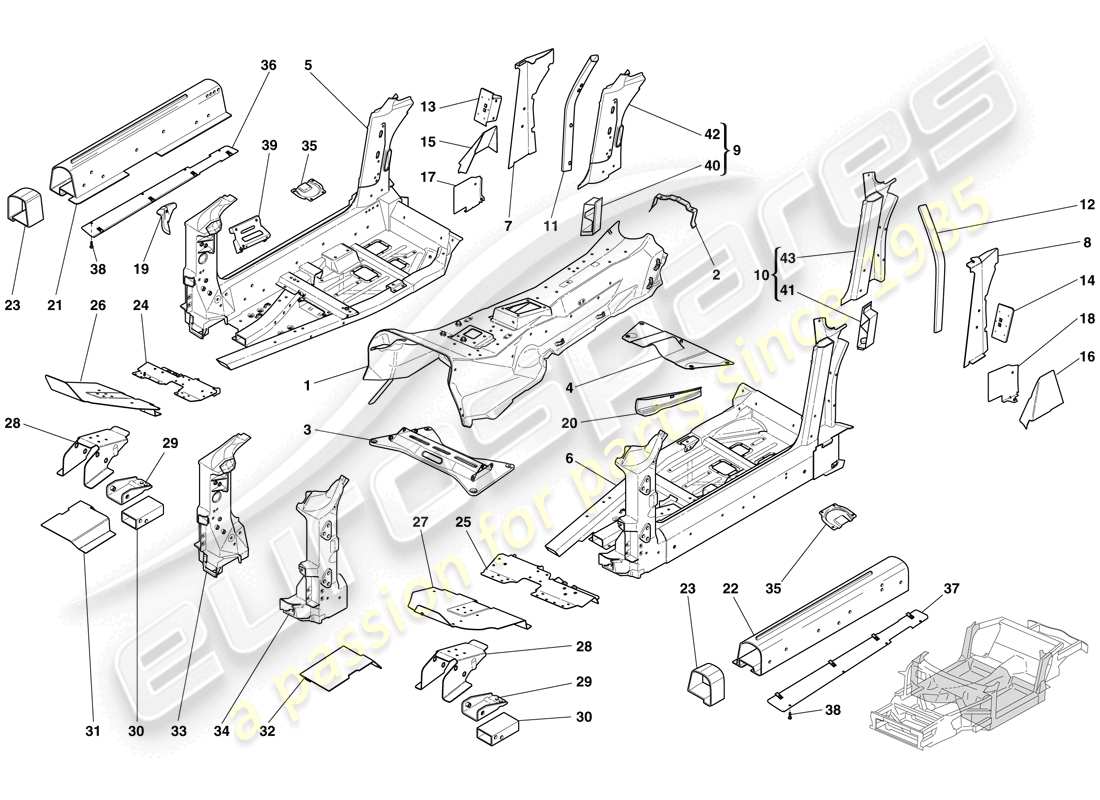 ferrari 612 sessanta (europe) estructuras y elementos, centro del vehículo diagrama de piezas