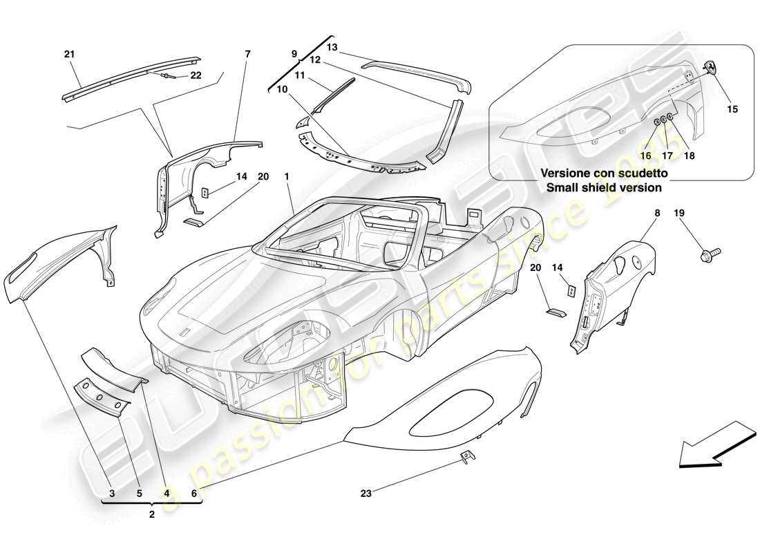 ferrari f430 spider (rhd) carrocería - diagrama de piezas de acabado externo