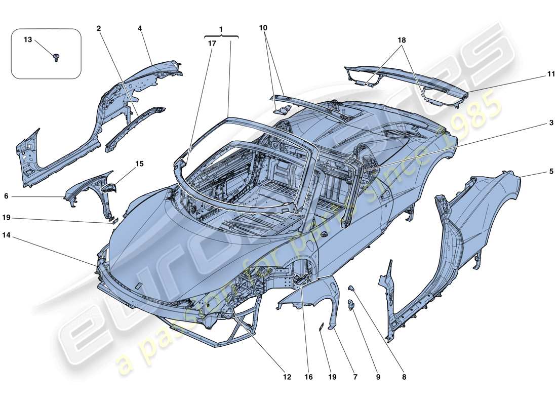 ferrari 458 spider (rhd) carrocería - diagrama de piezas de acabado externo
