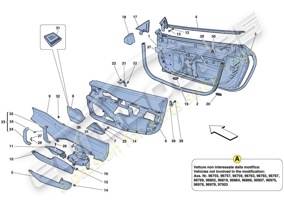 ferrari 458 italia (usa) puertas - subestructura y acabados diagrama de piezas