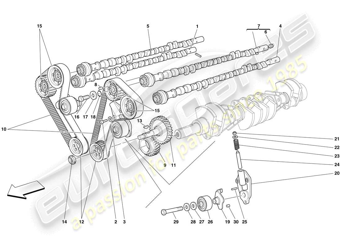 ferrari 612 scaglietti (rhd) sistema de distribución - diagrama de piezas de transmisión