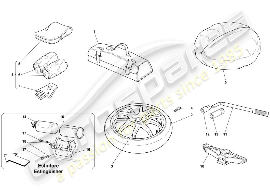 ferrari 612 sessanta (europe) rueda de repuesto y accesorios diagrama de piezas