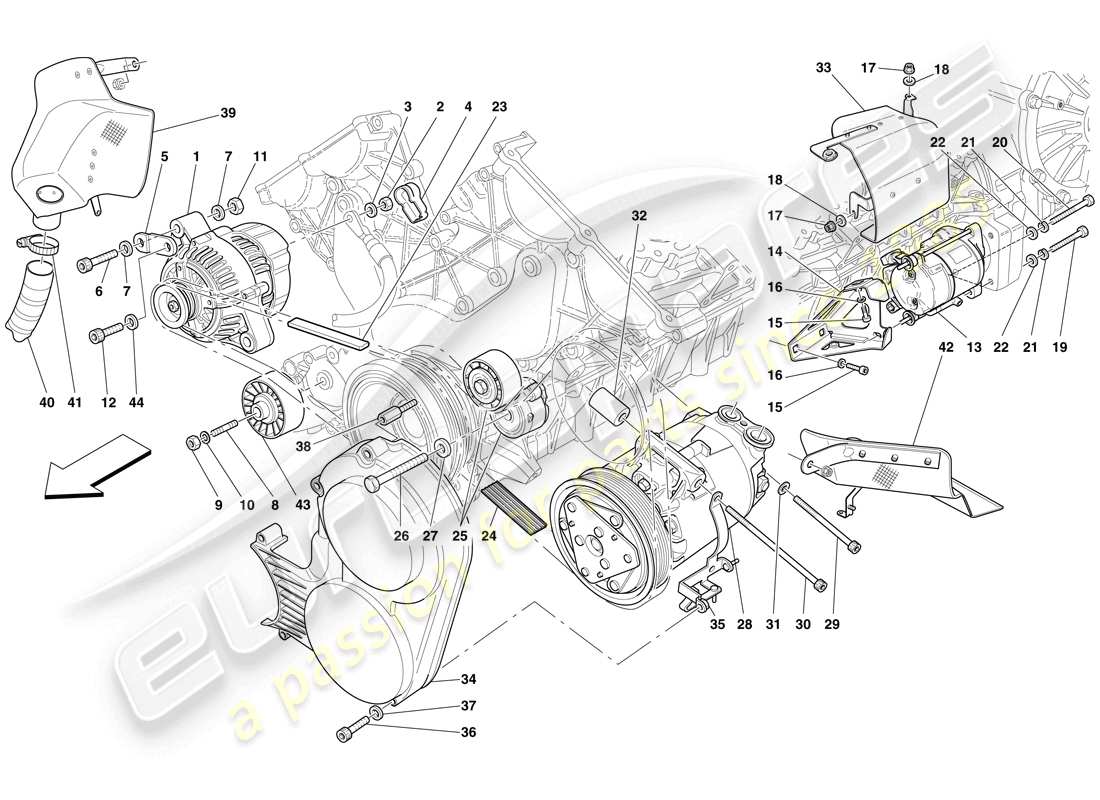 ferrari 599 sa aperta (rhd) diagrama de piezas del alternador, motor de arranque y compresor de ca