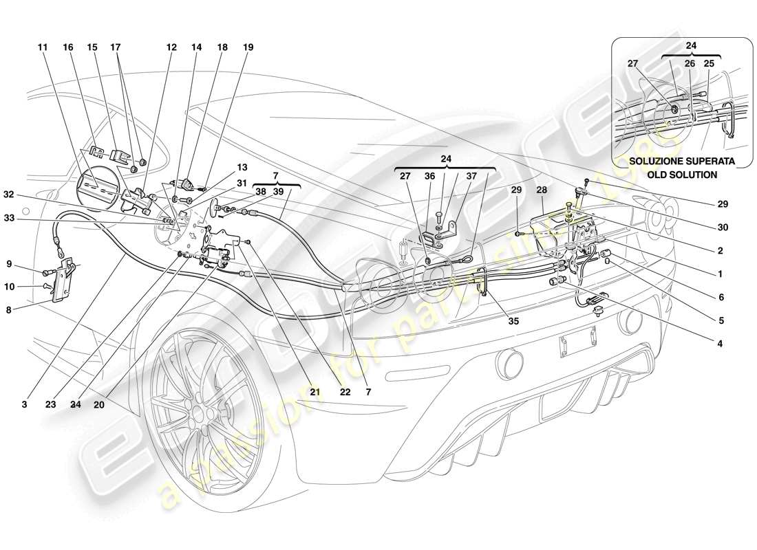 ferrari f430 scuderia (europe) mecanismos de apertura de la tapa del compartimiento del motor y de la tapa de llenado de combustible diagrama de piezas