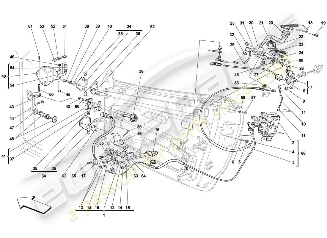 ferrari f430 scuderia (europe) puertas - mecanismo de apertura y bisagras diagrama de piezas