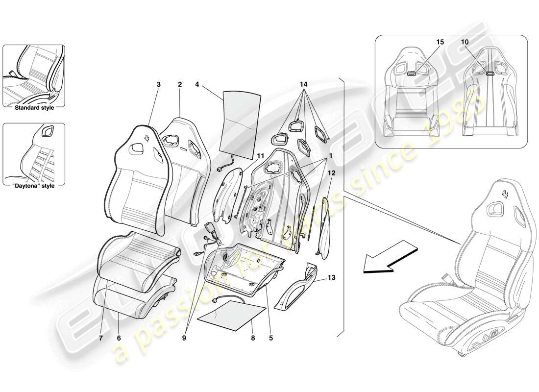 ferrari 599 gto (europe) asiento delantero - acabado y componentes internos diagrama de piezas