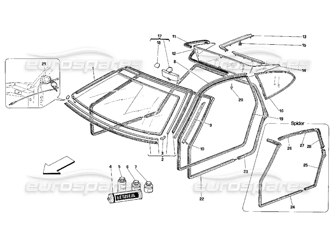 ferrari 348 (2.7 motronic) vidrios y juntas diagrama de piezas