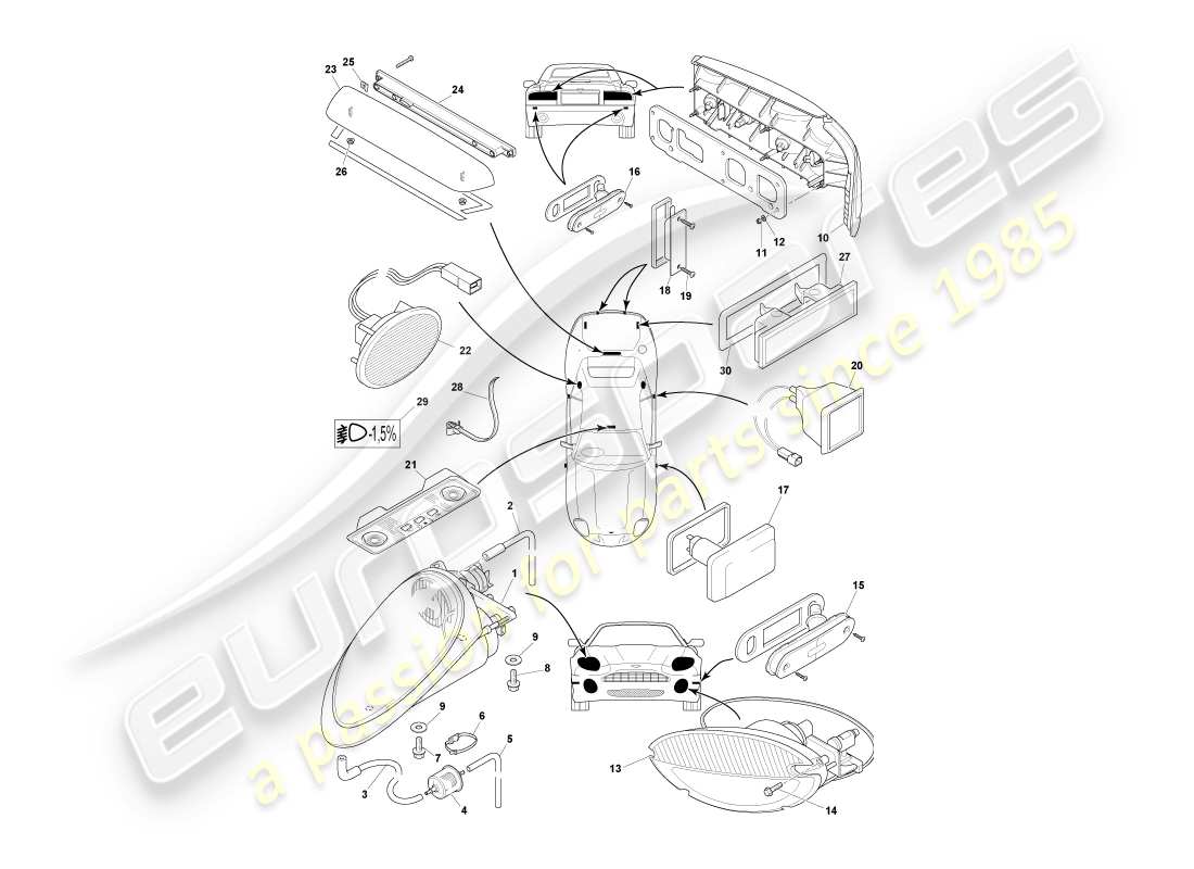 aston martin db7 vantage (2000) diagrama de piezas de lámparas y bombillas