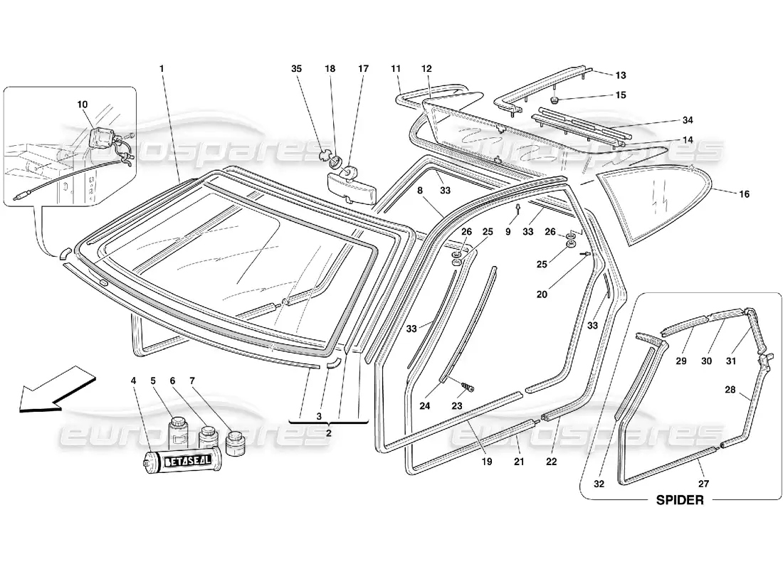 ferrari 355 (5.2 motronic) vidrios y juntas diagrama de piezas