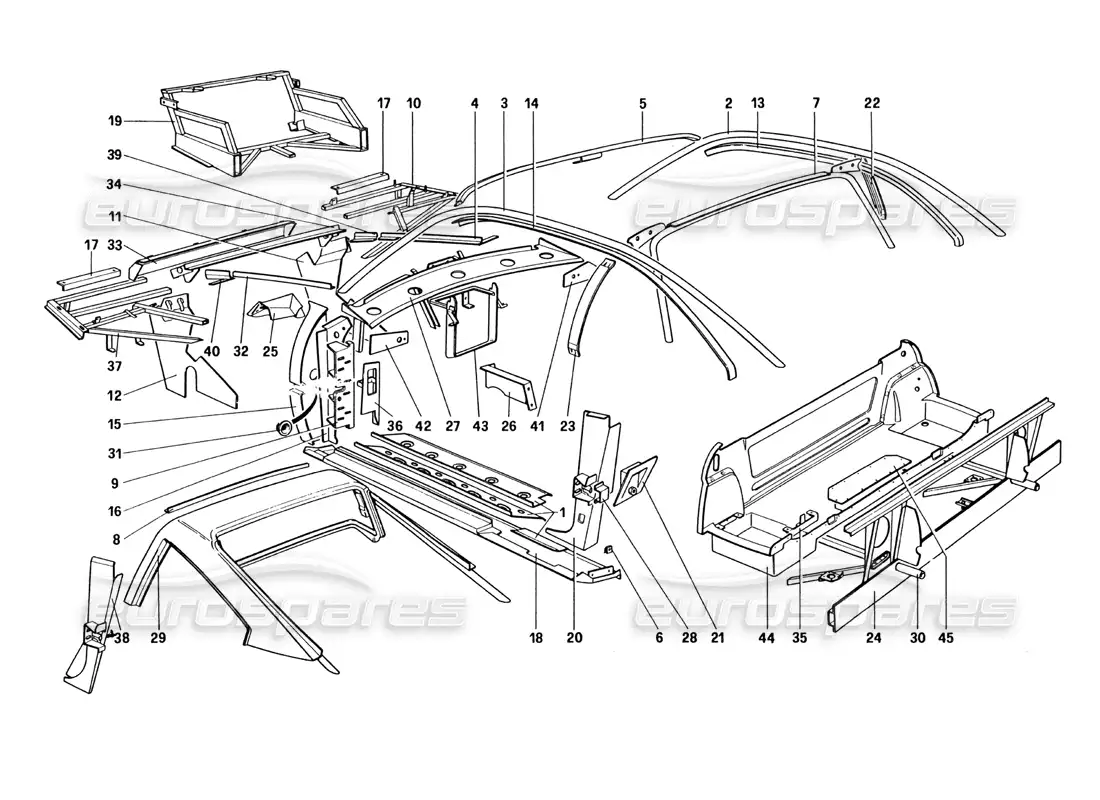 ferrari 328 (1985) carrocería - elementos internos (no para las versiones ee. uu. y sa) diagrama de piezas