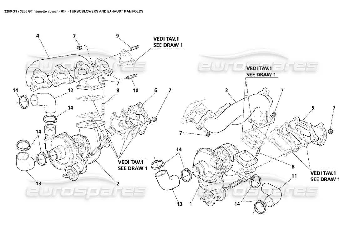 maserati 3200 gt/gta/assetto corsa turbos y colectores de escape diagrama de piezas