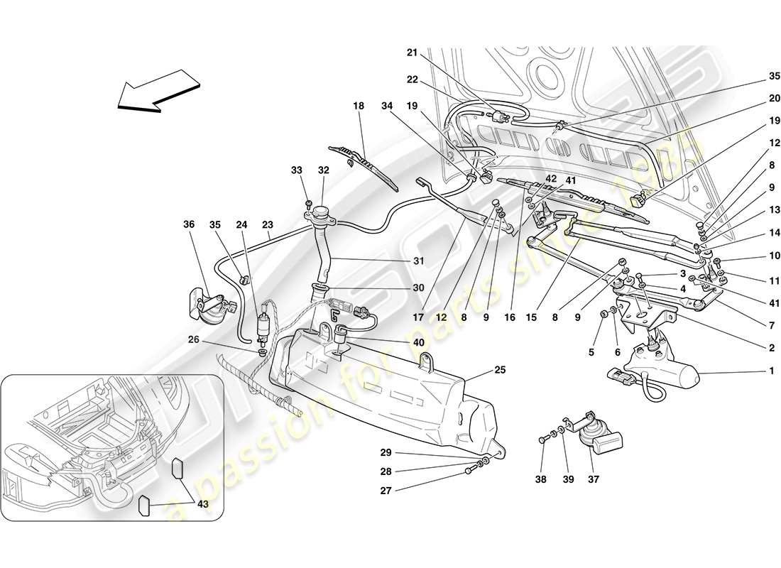 ferrari f430 coupe (rhd) limpiaparabrisas, arandela y bocina diagrama de piezas