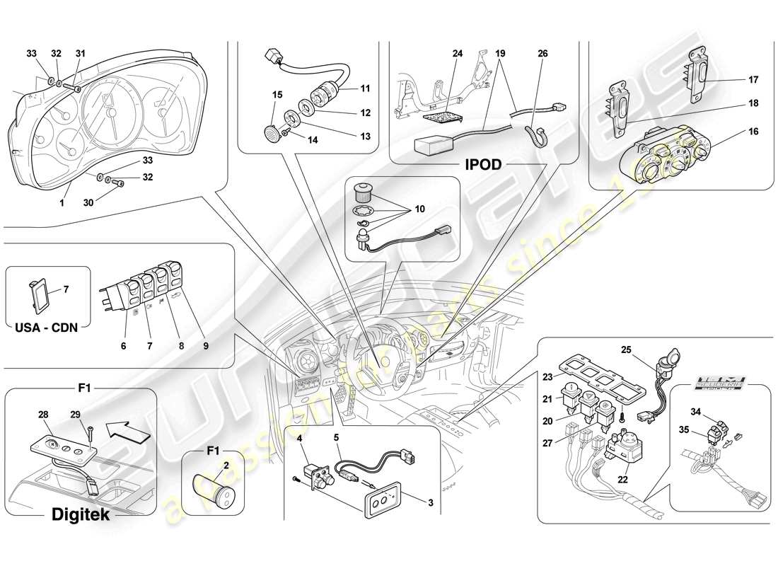 ferrari f430 scuderia (rhd) instrumentos del tablero y del túnel diagrama de piezas