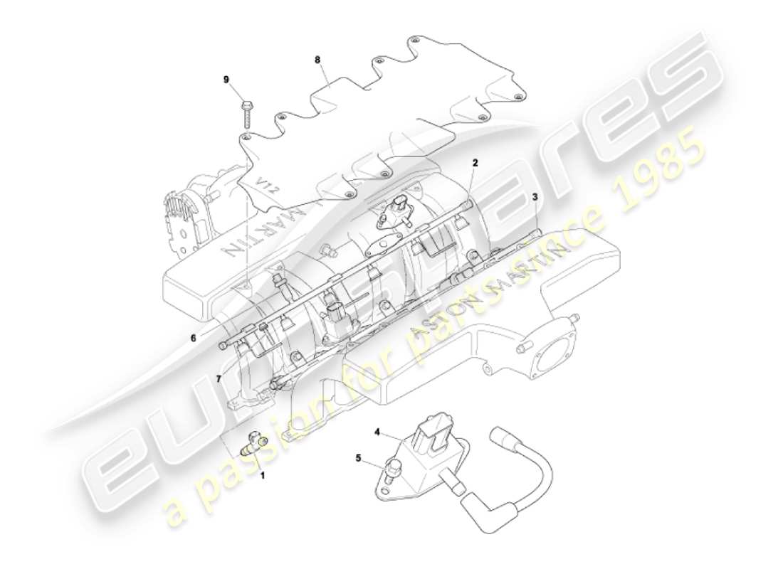 aston martin vanquish (2002) diagrama de piezas de inyectores y rieles de combustible