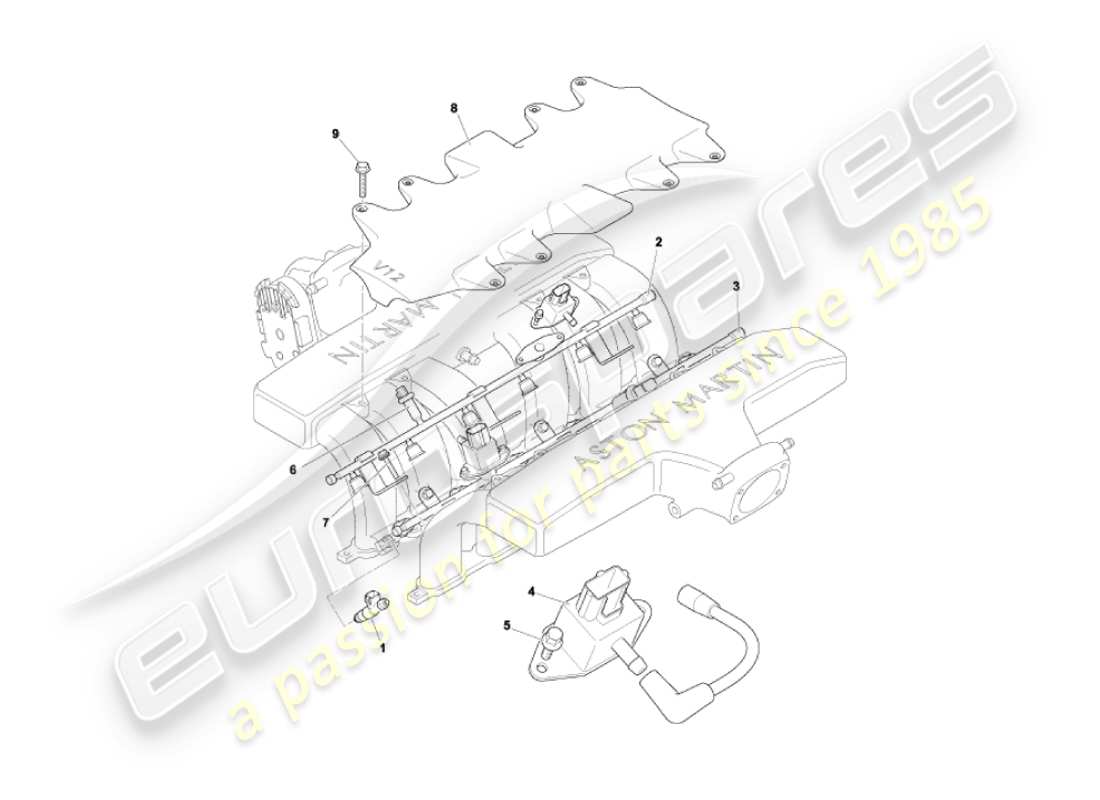 aston martin vanquish (2004) rieles de combustible e inyectores diagrama de piezas