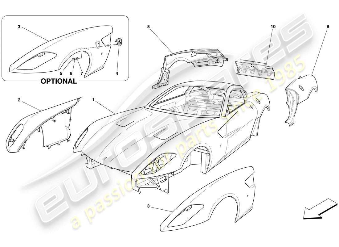 ferrari 599 gtb fiorano (rhd) carroceria - acabado externo diagrama de piezas