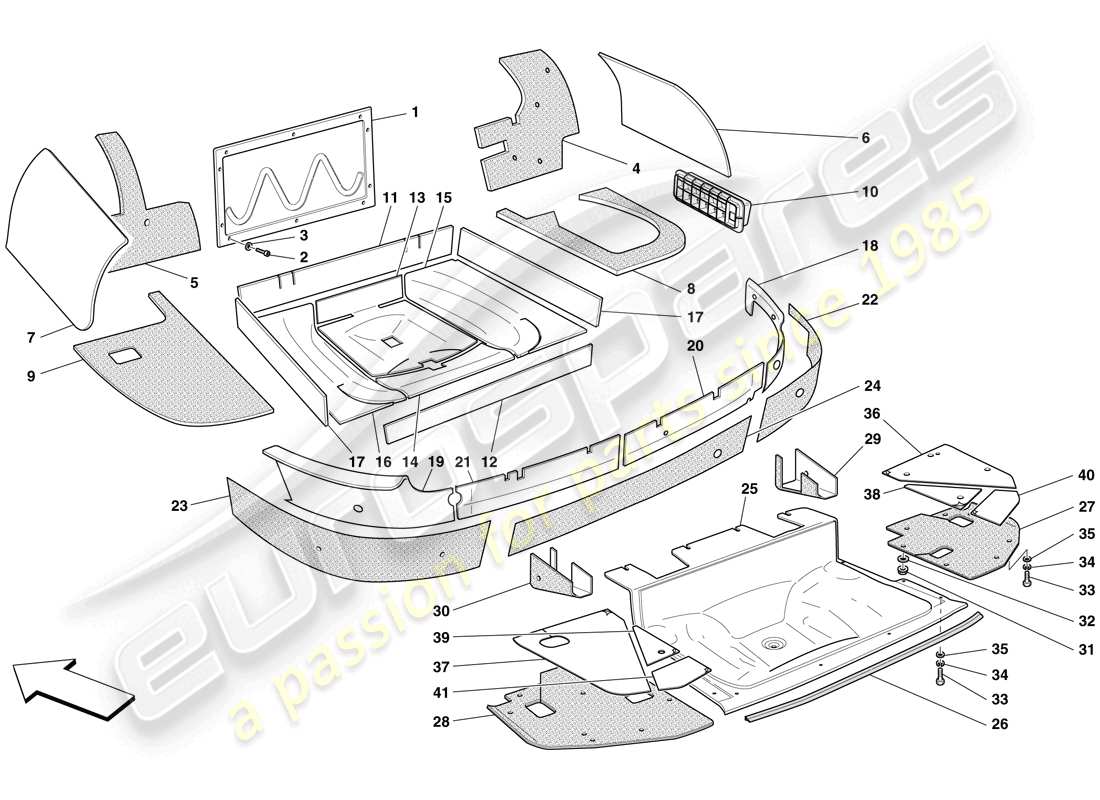 ferrari 599 gtb fiorano (usa) aislamiento del maletero diagrama de piezas