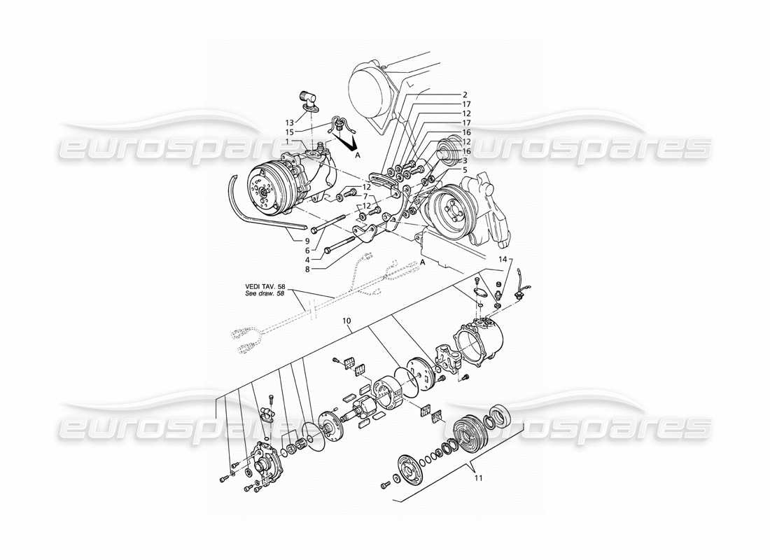 maserati qtp v6 (1996) diagrama de piezas del compresor de aire y soportes