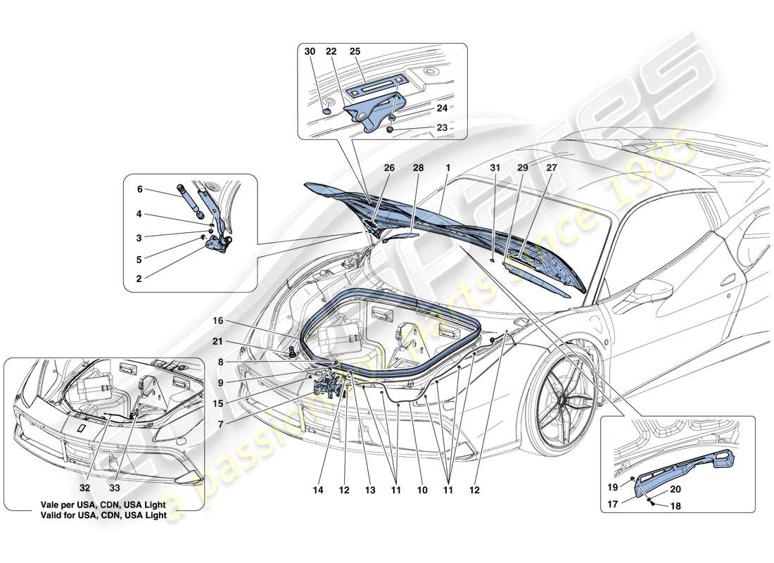 ferrari 488 spider (rhd) tapa frontal y mecanismo de apertura diagrama de piezas
