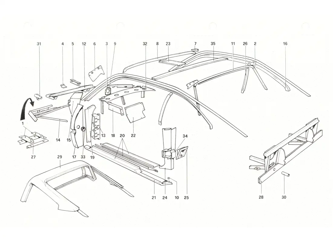 ferrari 208 gtb gts carrocería - elementos internos diagrama de piezas