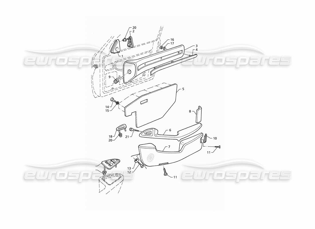 maserati qtp v8 (1998) adornos interiores: diagrama de piezas de los paneles de las puertas delanteras (lhd)