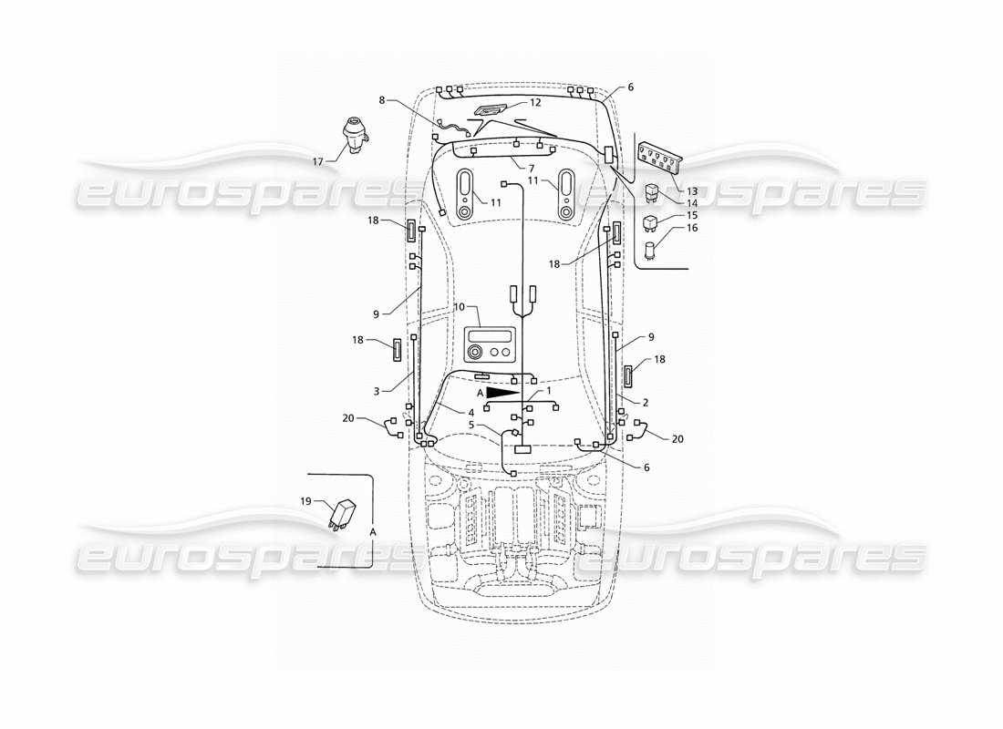 maserati qtp v8 (1998) sistema eléctrico: diagrama de piezas del maletero, puertas y compartimento de pasajeros (rhd)
