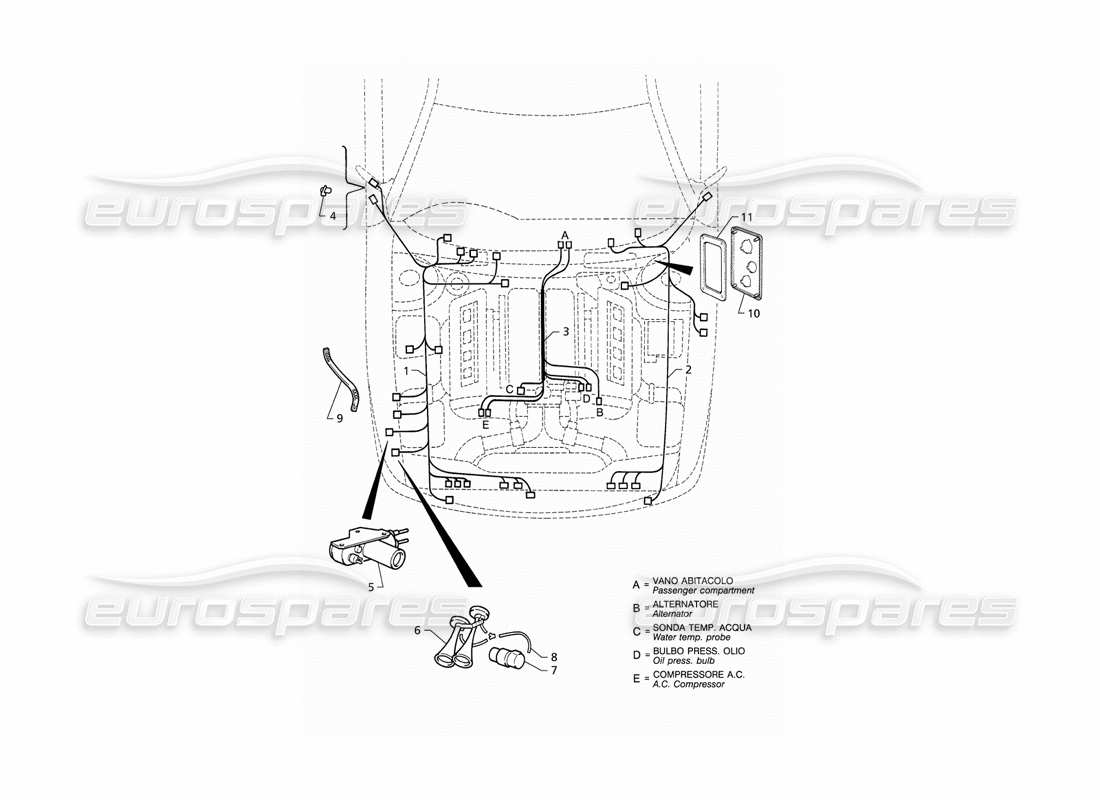 maserati qtp v8 (1998) sistema eléctrico: compartimento del motor (rhd) diagrama de piezas