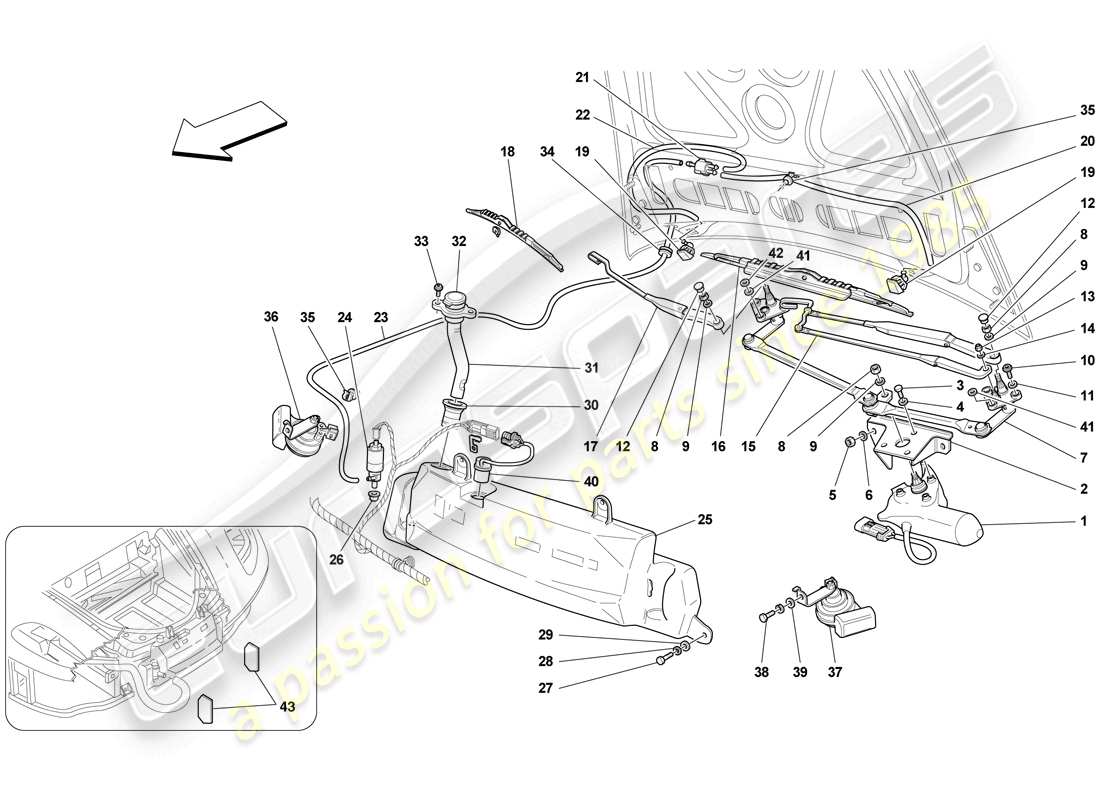 ferrari f430 scuderia spider 16m (europe) limpiaparabrisas, arandela y bocina diagrama de piezas