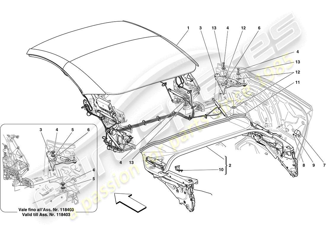 ferrari california (rhd) techo eléctrico: estructura esquema de piezas