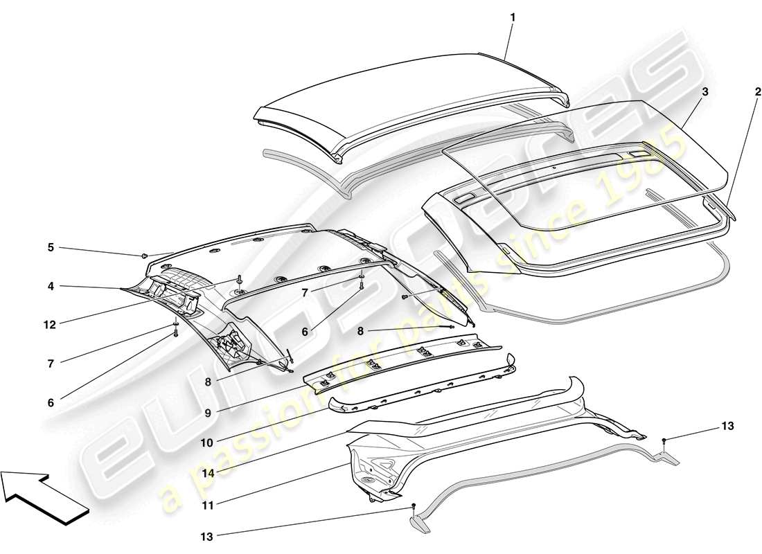 ferrari california (rhd) techo eléctrico: diagrama de piezas del trim