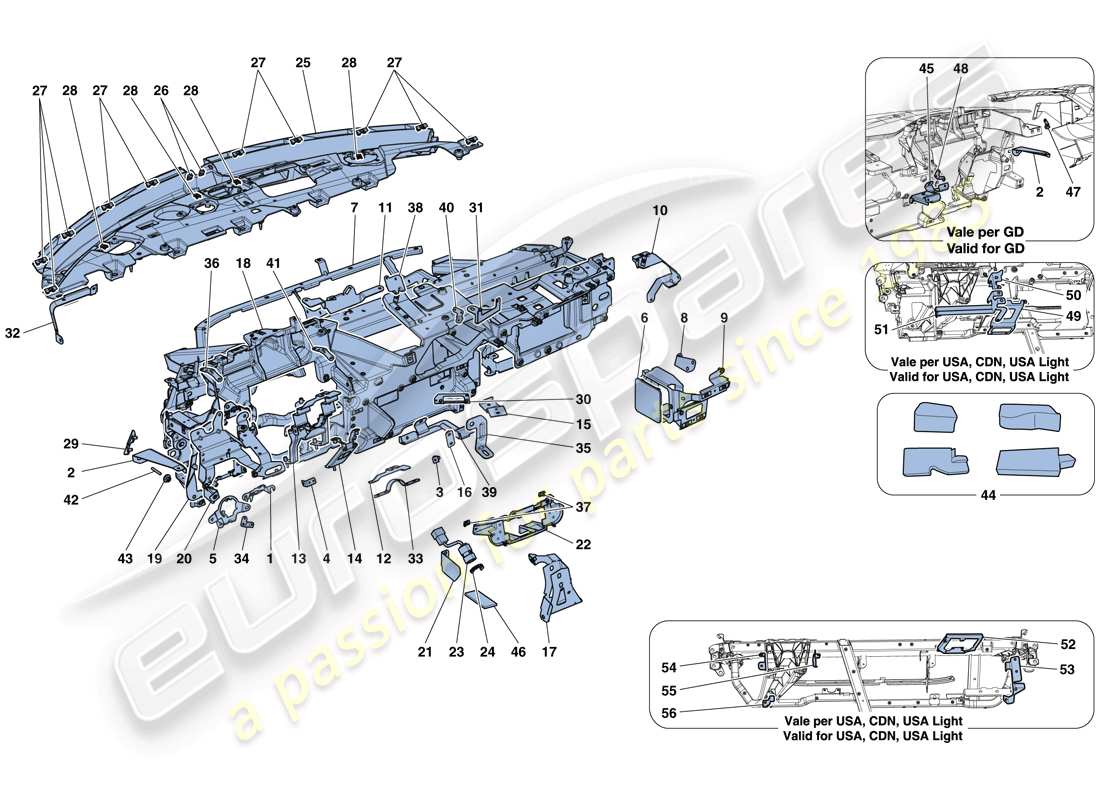 ferrari 488 gtb (europe) tablero - subestructura diagrama de piezas