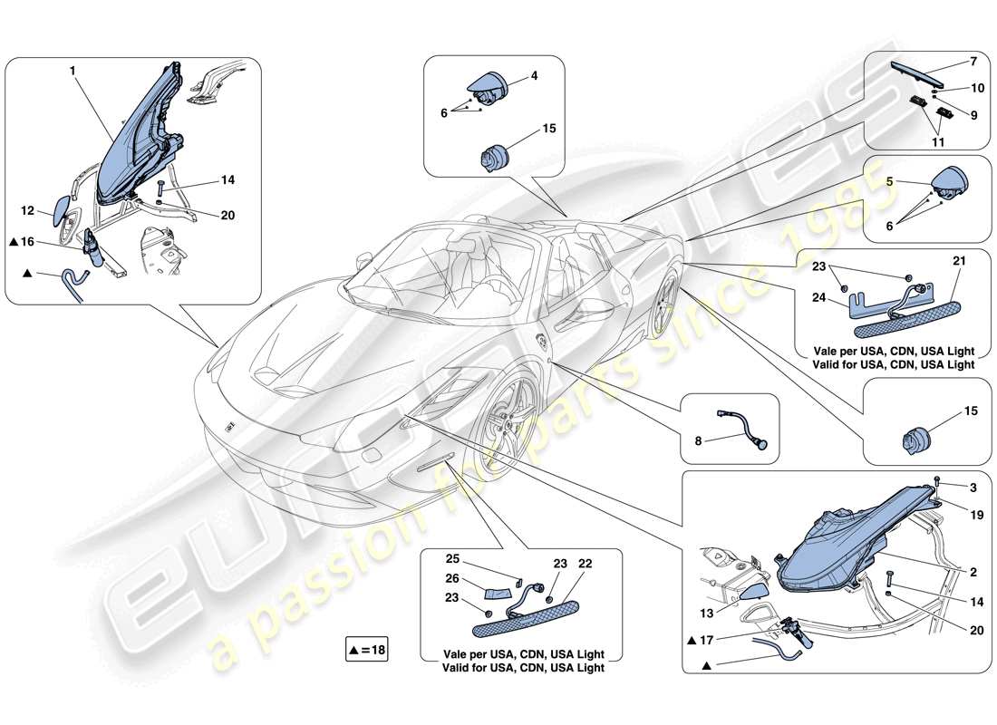 ferrari 458 speciale aperta (usa) diagrama de piezas de faros y luces traseras