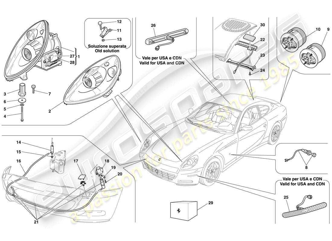 ferrari 612 scaglietti (usa) diagrama de piezas de faros y luces traseras