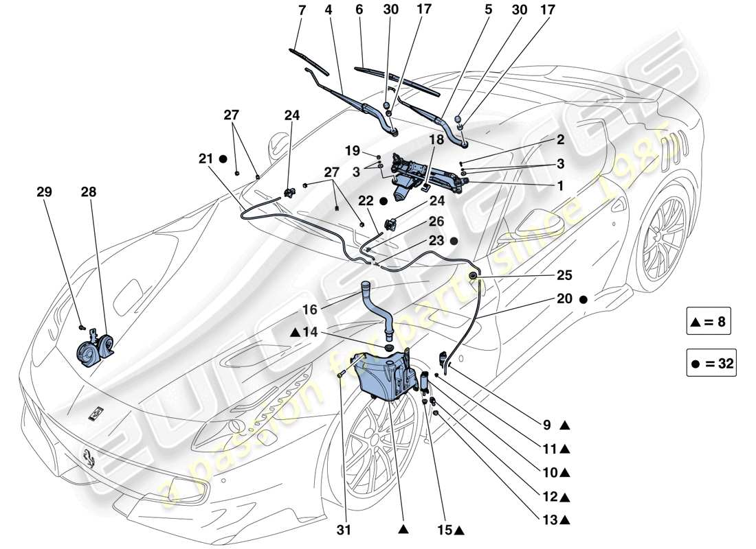 ferrari f12 tdf (usa) limpiaparabrisas, arandela y bocina diagrama de piezas