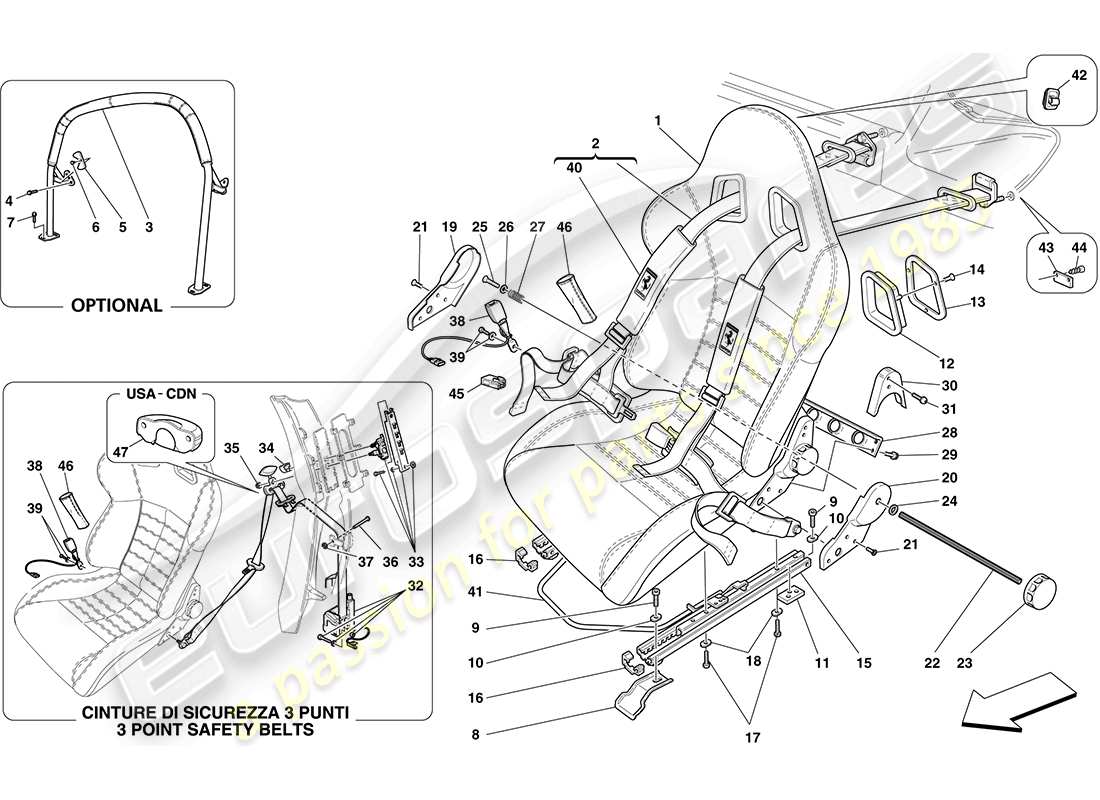 ferrari f430 coupe (rhd) racing seat-4 point seat harness-rollbar diagrama de piezas