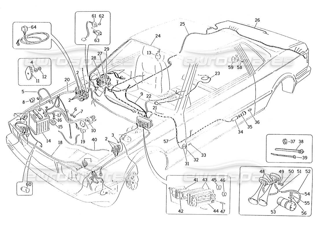 maserati karif 2.8 diagrama de piezas del mazo de cables y componentes eléctricos (vagones con dirección derecha)