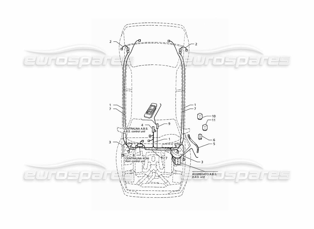 maserati ghibli 2.8 (abs) sistema eléctrico: diagrama de piezas del abs y la suspensión 'koni' (tracción izquierda)