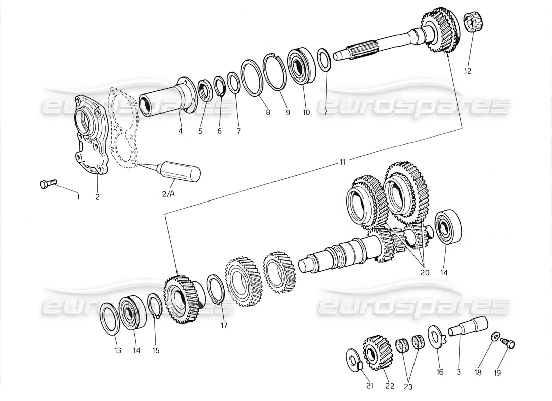 maserati 228 transmisión: diagrama de piezas de eje intermedio y transmisión directa