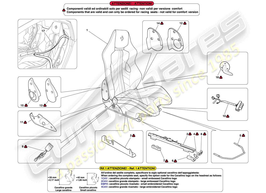 ferrari 599 sa aperta (rhd) asiento de carreras delantero - guías y mecanismos de ajuste esquema de piezas