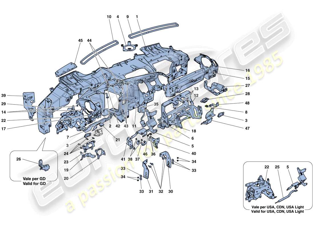 ferrari california t (rhd) tablero - subestructura diagrama de piezas