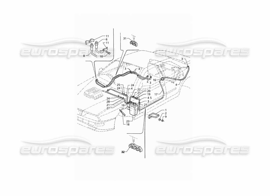 maserati qtp v8 (1998) diagrama de piezas del sistema de recuperación de vapores de evaporación y tuberías de combustible (rhd)