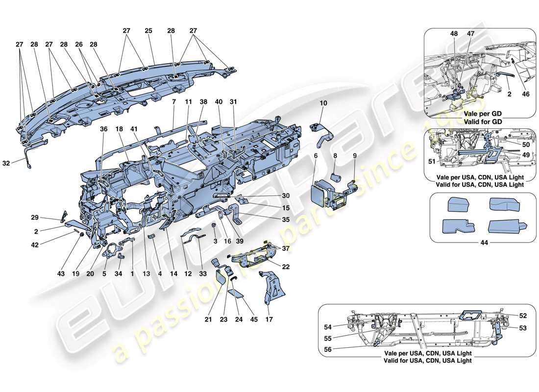 ferrari 488 spider (rhd) tablero - subestructura diagrama de piezas