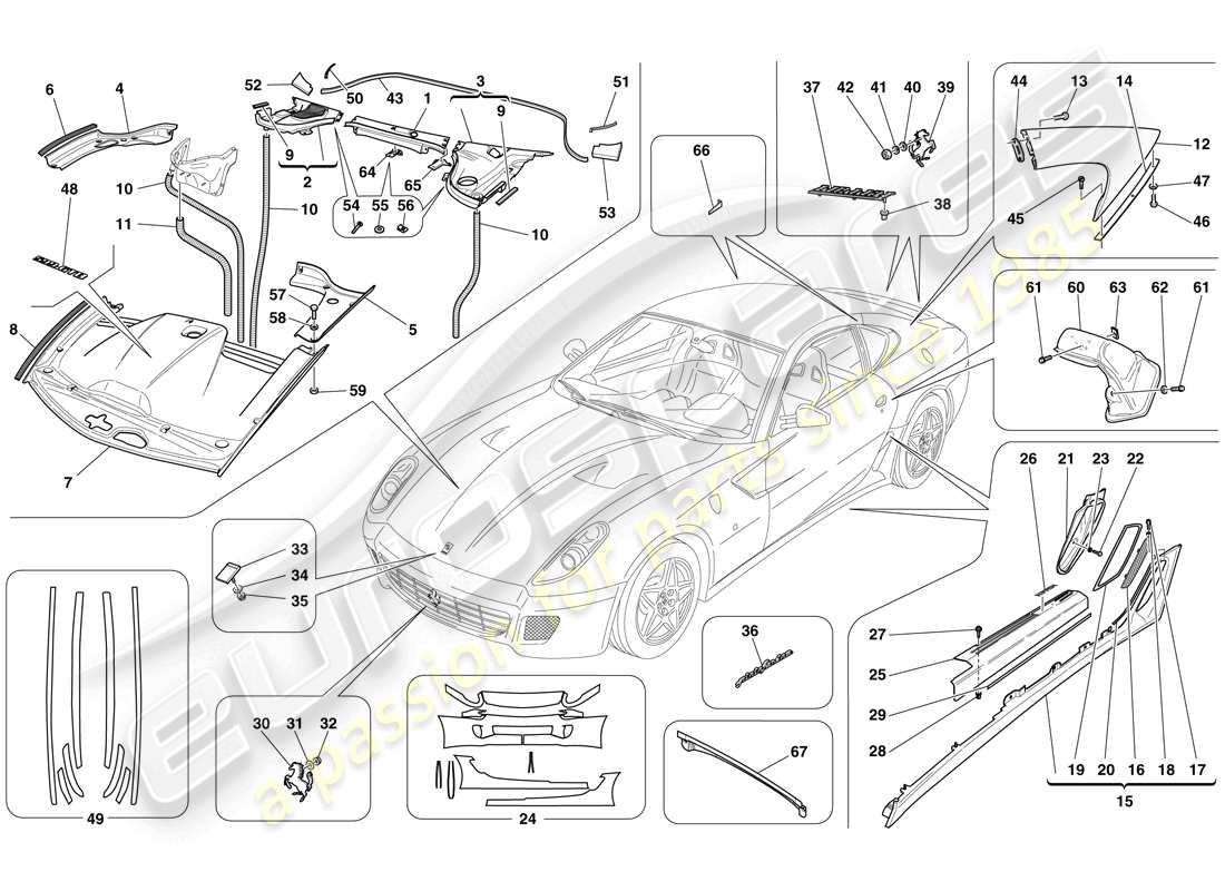 ferrari 599 gtb fiorano (rhd) acabado exterior diagrama de piezas