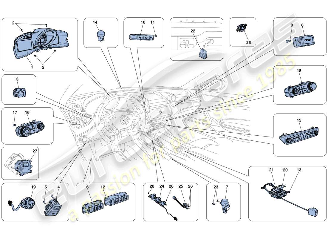 ferrari gtc4 lusso t (usa) instrumentos del tablero y del túnel diagrama de piezas